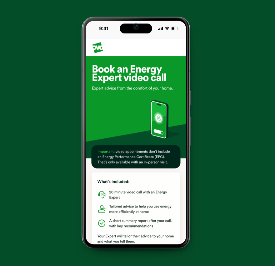 A 'Book an Energy Expert video call' screen explaining what's included.