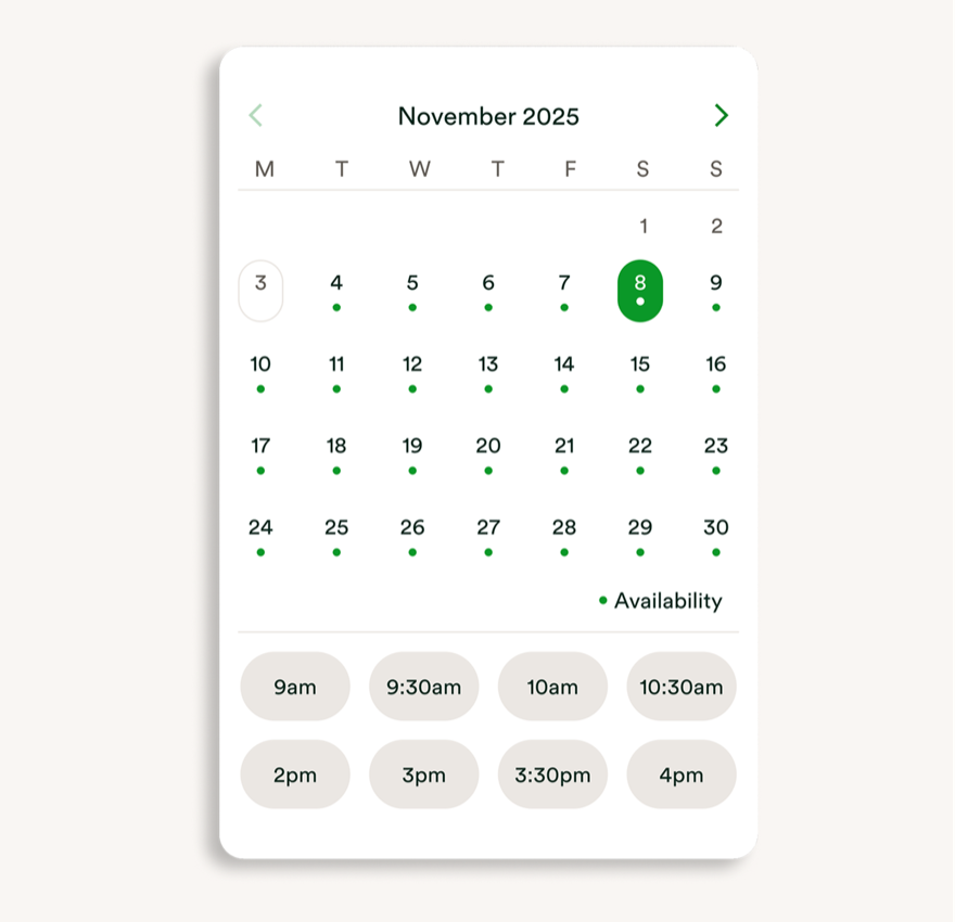 A calendar and time-slot picker for booking a video appointment.