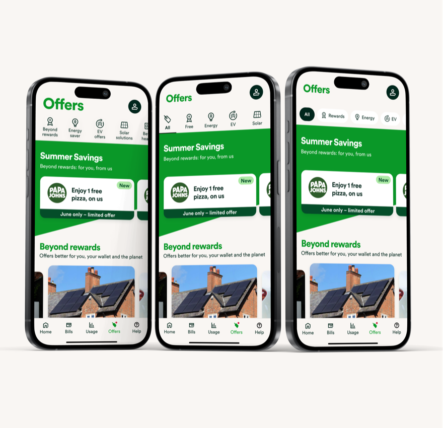 OVO Offers screens with the filters applied to the Summer Savings campaign.