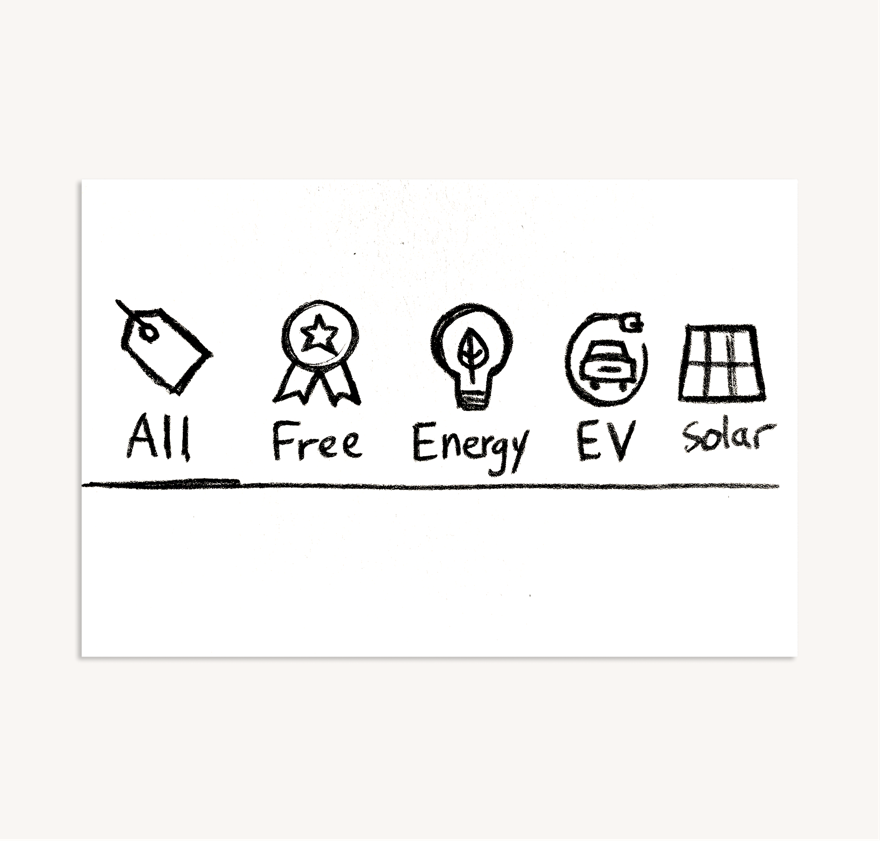 An early hand-drawn sketch of the filter icons — All, Free, Energy, EV, Solar.