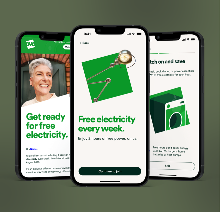 OVO app screens introducing free electricity — 'Get ready for free electricity' and 'Free electricity every week'.