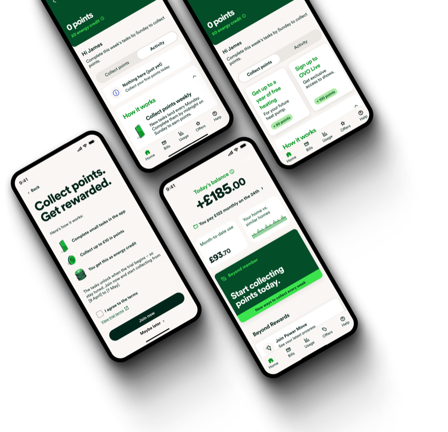 OVO app points screens — the collect-points intro, dashboard, and energy-credit balance.
