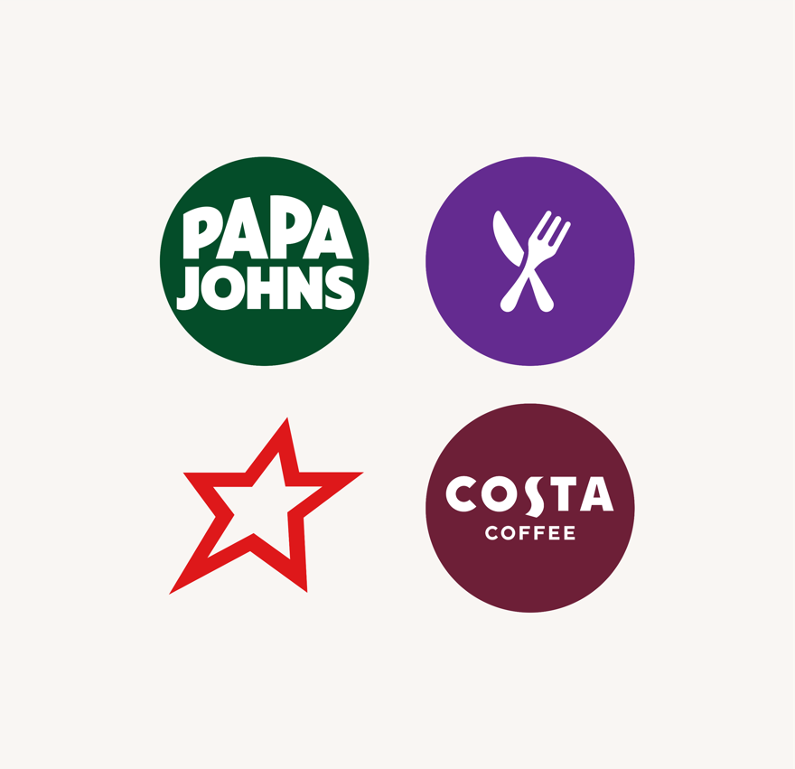 Campaign partner logos — Papa Johns, Costa Coffee and more.