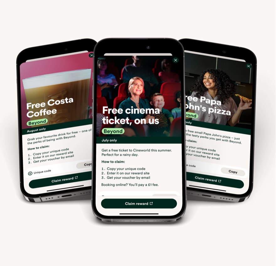 Reward modals for a free Costa Coffee, a free cinema ticket, and a free Papa John's pizza.