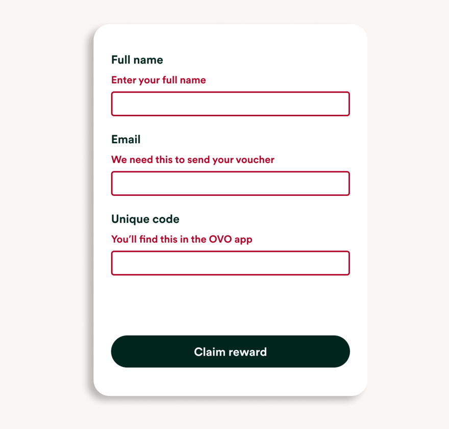 The reward claim form — full name, email, and unique code, with a 'Claim reward' button.