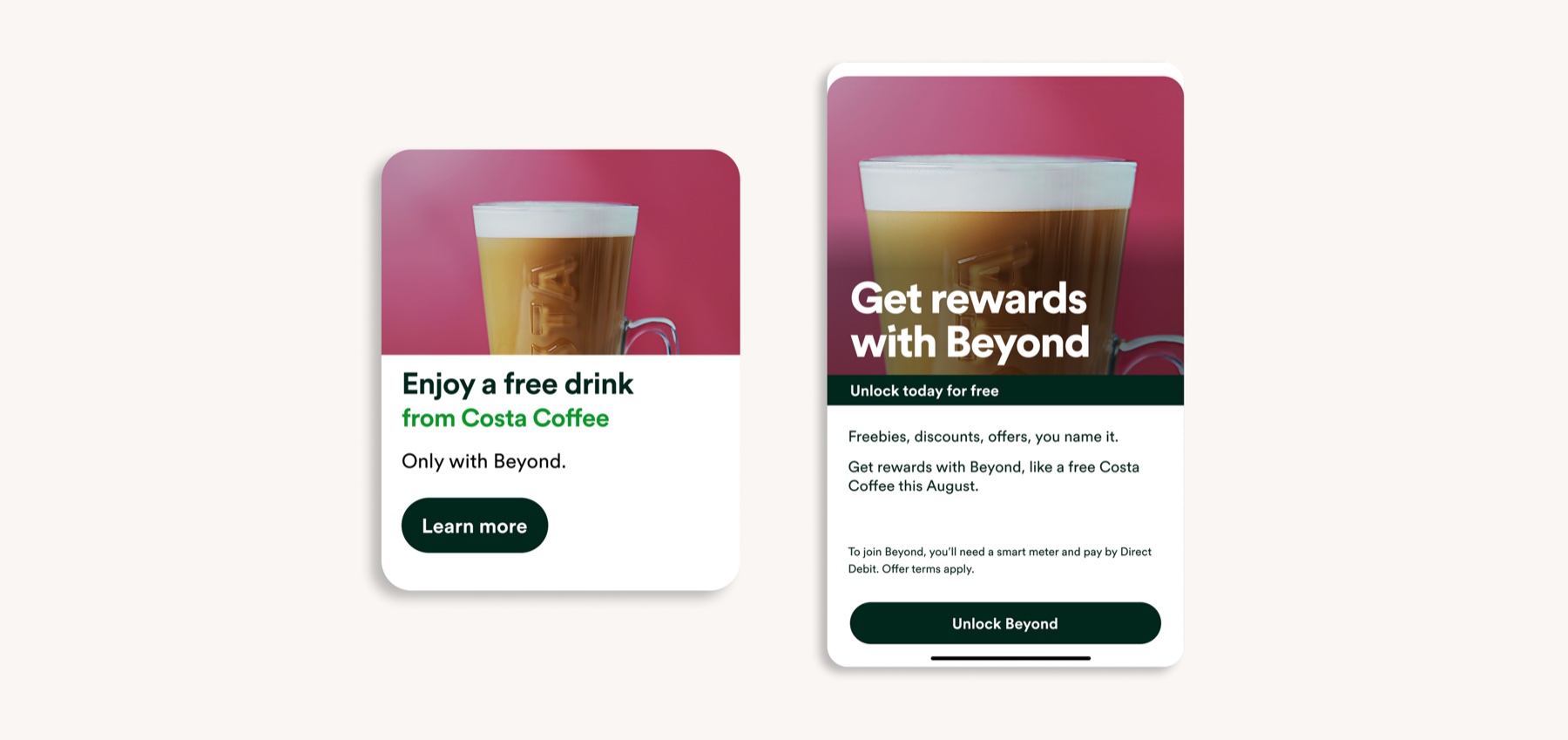 The same acquisition pattern applied to Costa Coffee: 'Enjoy a free drink from Costa Coffee, only with Beyond' and the matching 'Get rewards with Beyond' unlock screen.