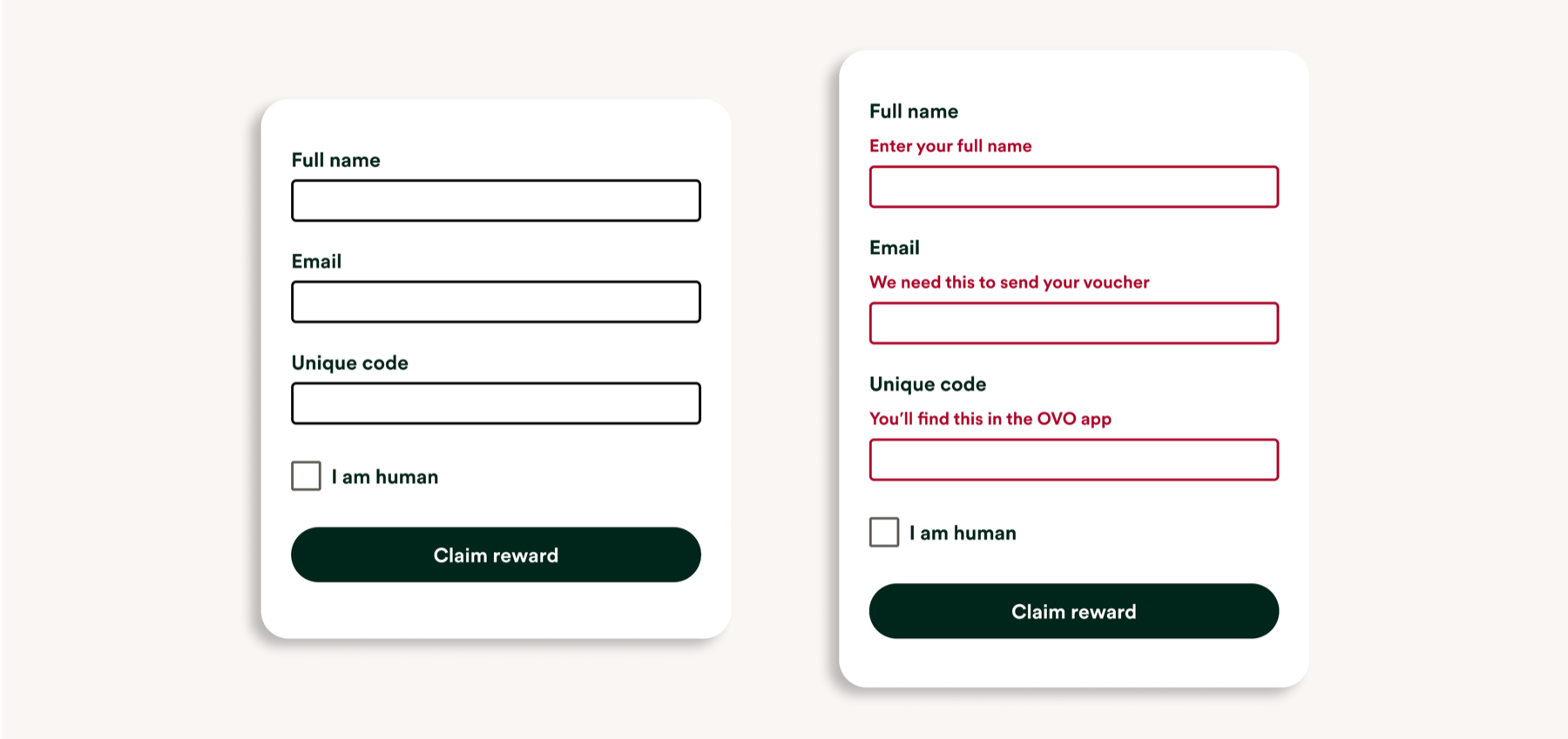 The redesigned claim form shown twice: the default state, and an error state with helpful guidance under each field such as 'You'll find this in the OVO app'.