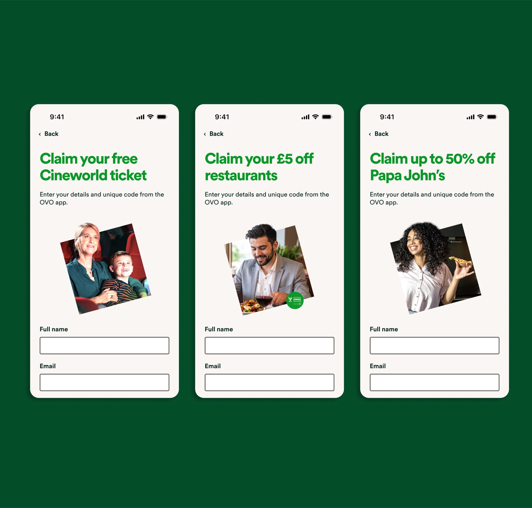 Three partner claim pages — Cineworld, restaurants and Papa John's — all sharing the same layout, heading style and form fields.