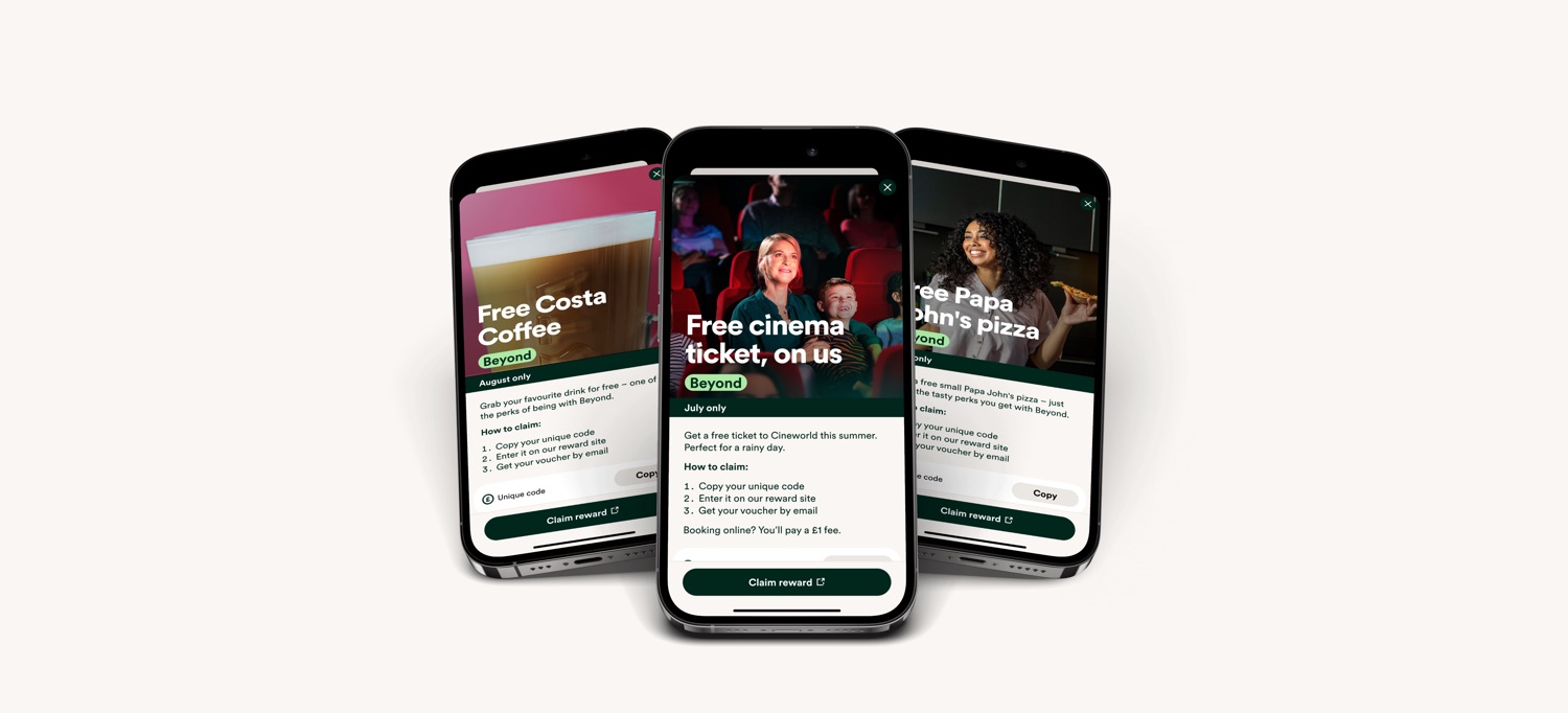 Three phones showing Summer Savings reward screens in the OVO app: a free Costa Coffee, a free Cineworld cinema ticket, and a free Papa John's pizza.