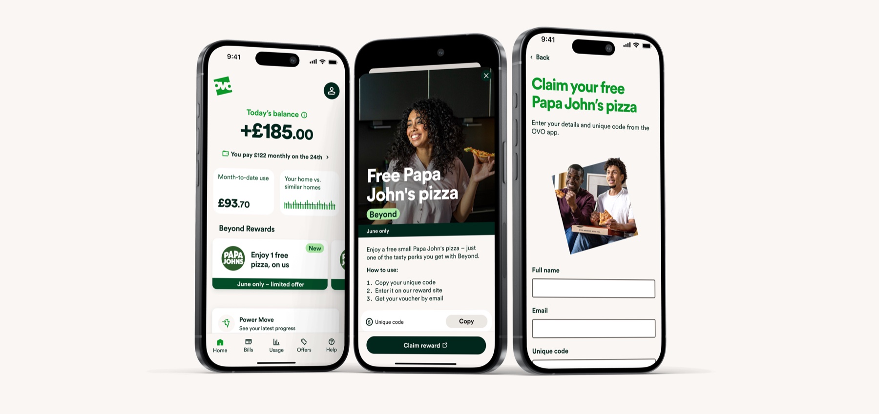Three OVO app screens showing the Summer Savings journey: the home screen with a free Papa John's pizza reward, the reward detail modal, and the claim form.