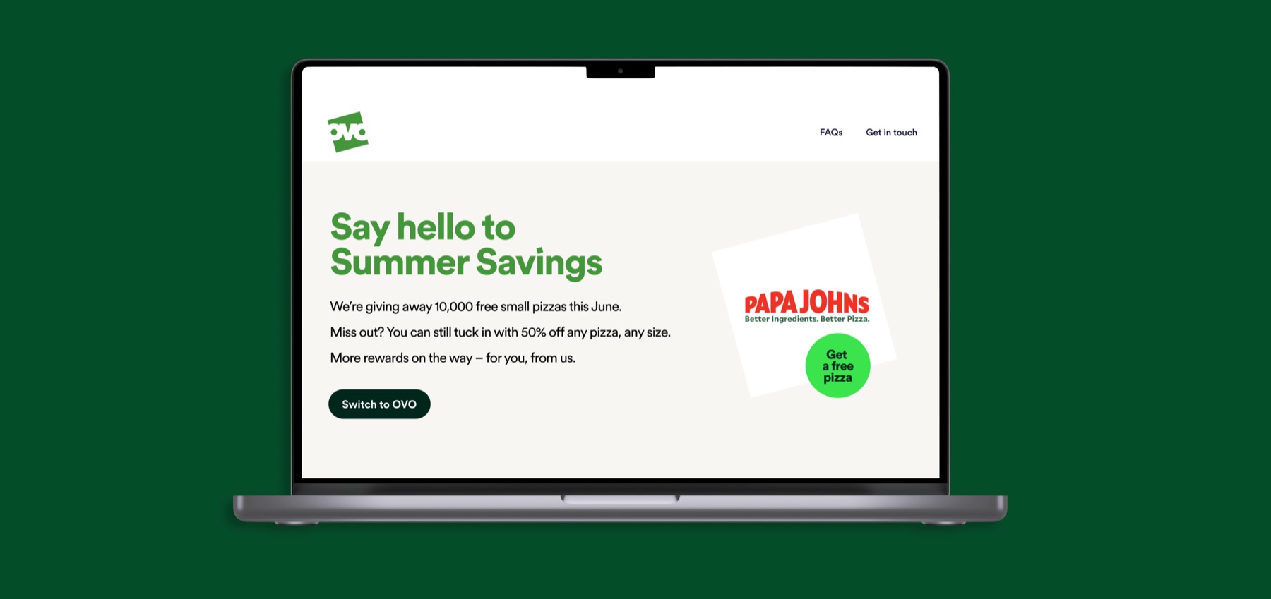 A laptop showing the partner-hosted Summer Savings landing page: 'Say hello to Summer Savings — we're giving away 10,000 free small pizzas this June.'