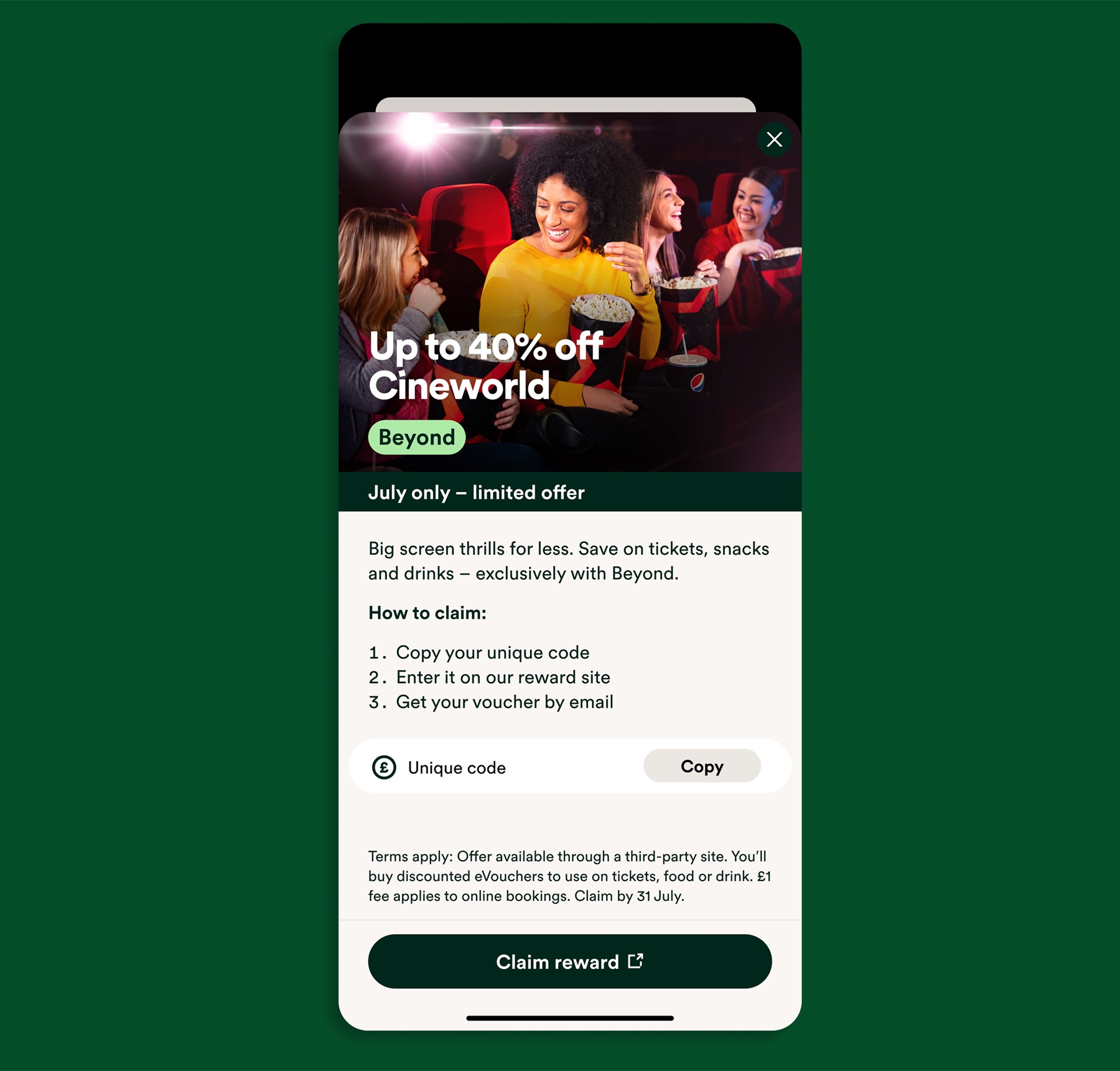 The Cineworld reward modal in the OVO app: 'Up to 40% off Cineworld', with how-to-claim steps and a claim reward button.