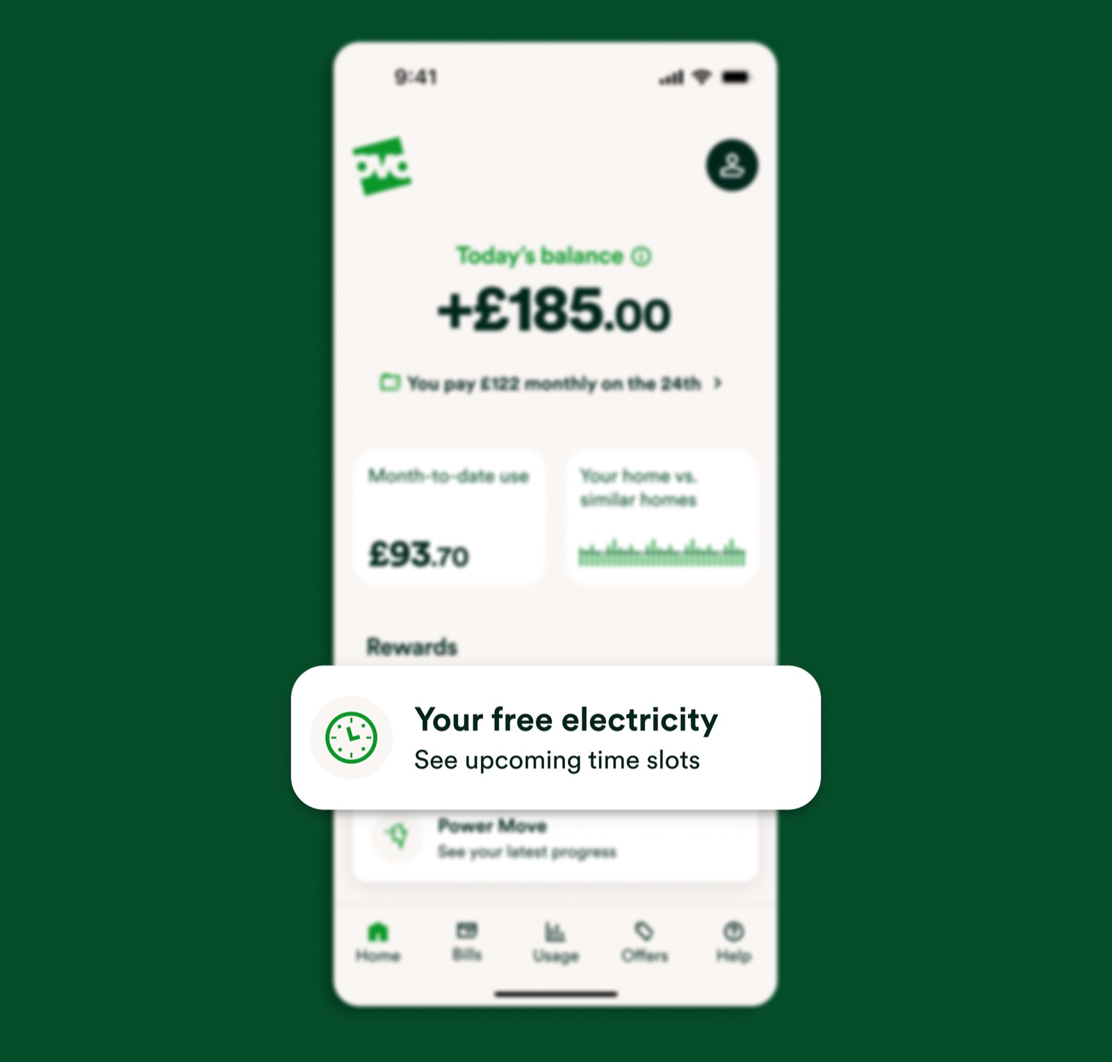 The OVO app home screen showing a £185 balance, month-to-date usage, and a 'Your free electricity' rewards card.