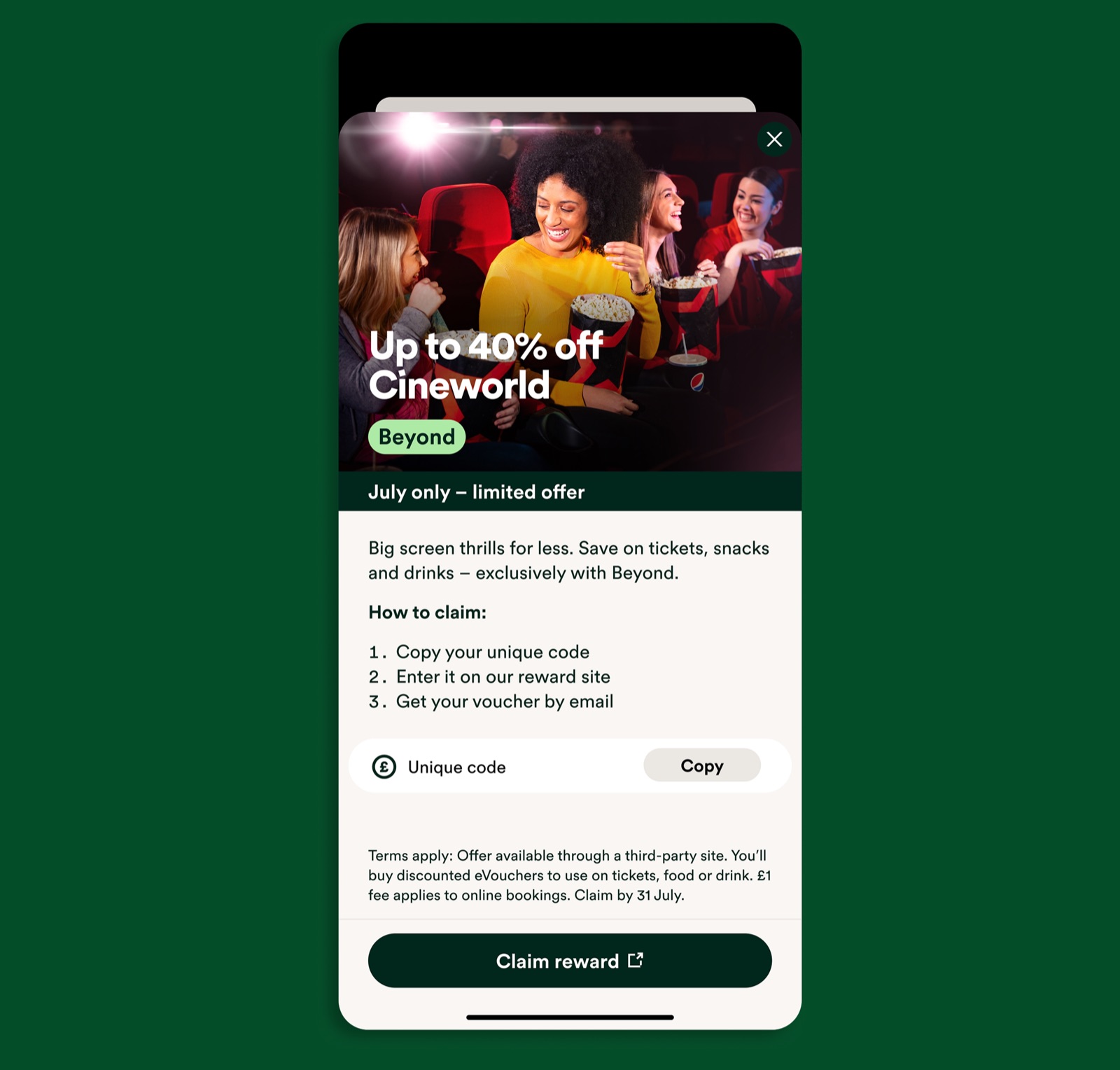 A Cineworld offer modal — up to 40% off tickets, with steps to copy a unique code and claim the reward.