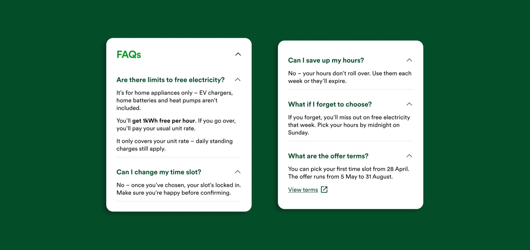 An expanded FAQs panel answering questions about free electricity hours and how to choose them.