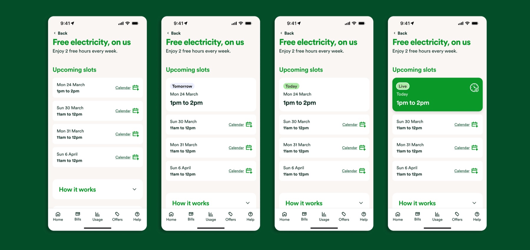 Four screens of the free electricity dashboard, showing a live slot highlighted from 1pm to 2pm.