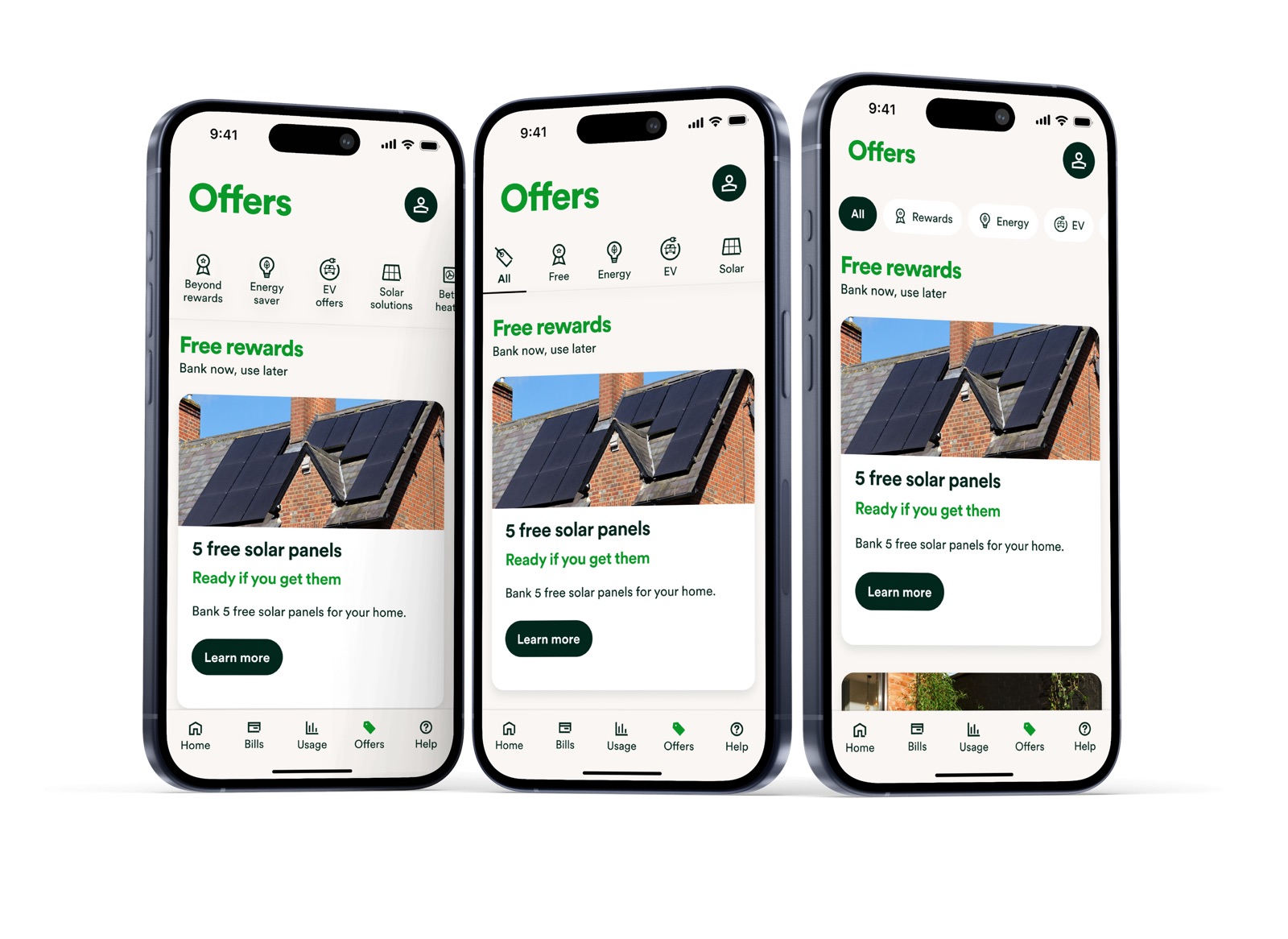 Three app screens of the Offers tab showing a free solar panels reward.