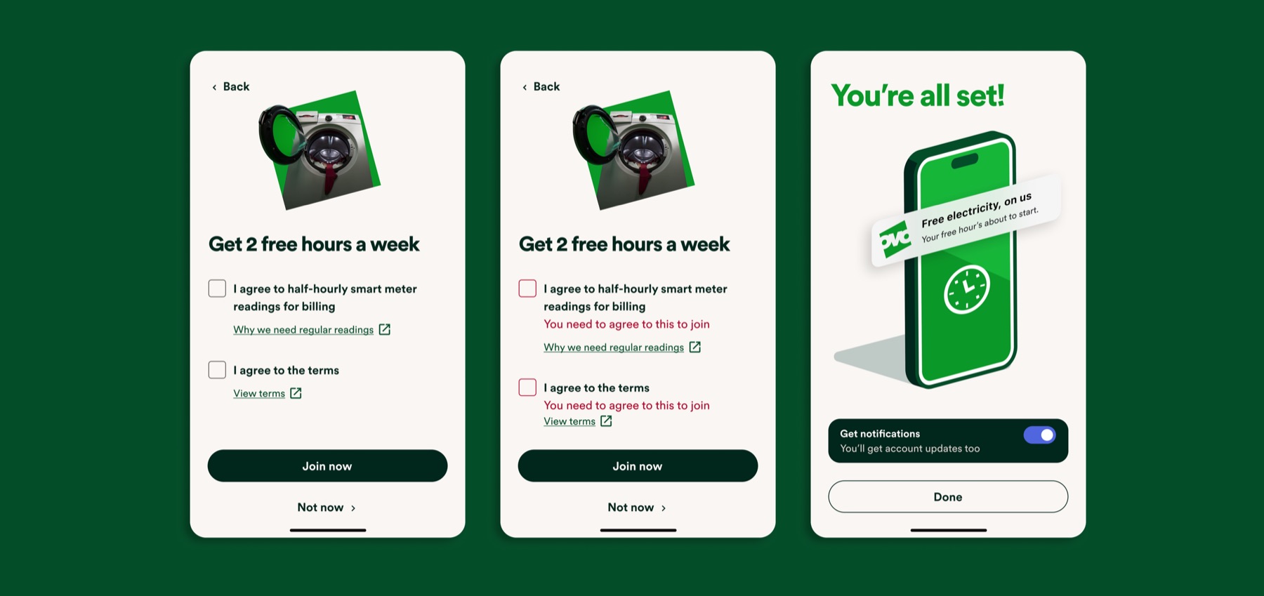 Three opt-in screens with consent checkboxes, ending in a 'You're all set!' confirmation.