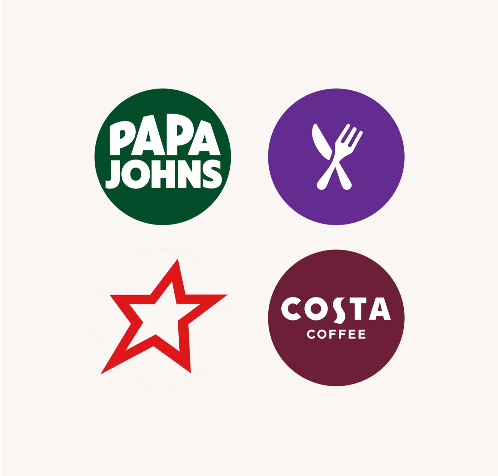 Partner brand marks — Papa John's, a restaurants icon, a star, and Costa Coffee.
