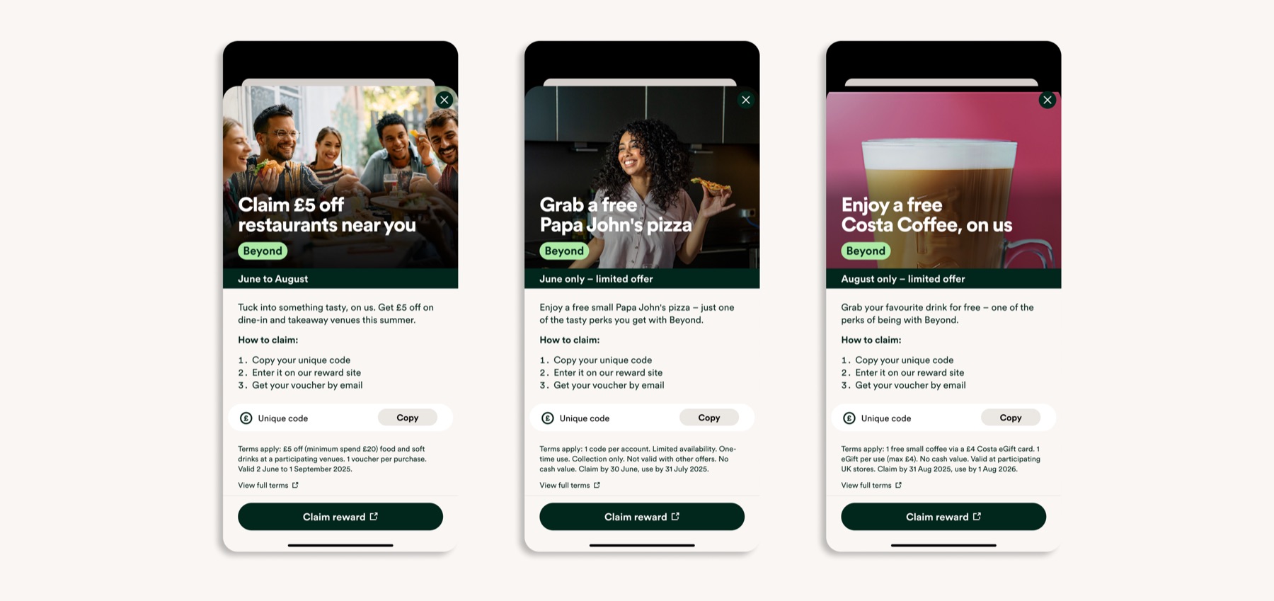 Three partner offer screens — money off restaurants near you, a free Papa John's pizza, and a free Costa Coffee.