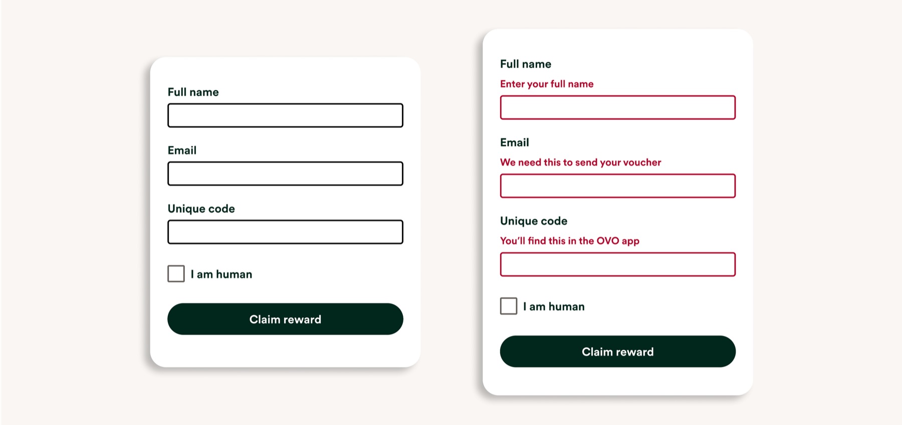 A reward claim form shown in default and error states, with fields for full name, email and a unique code.