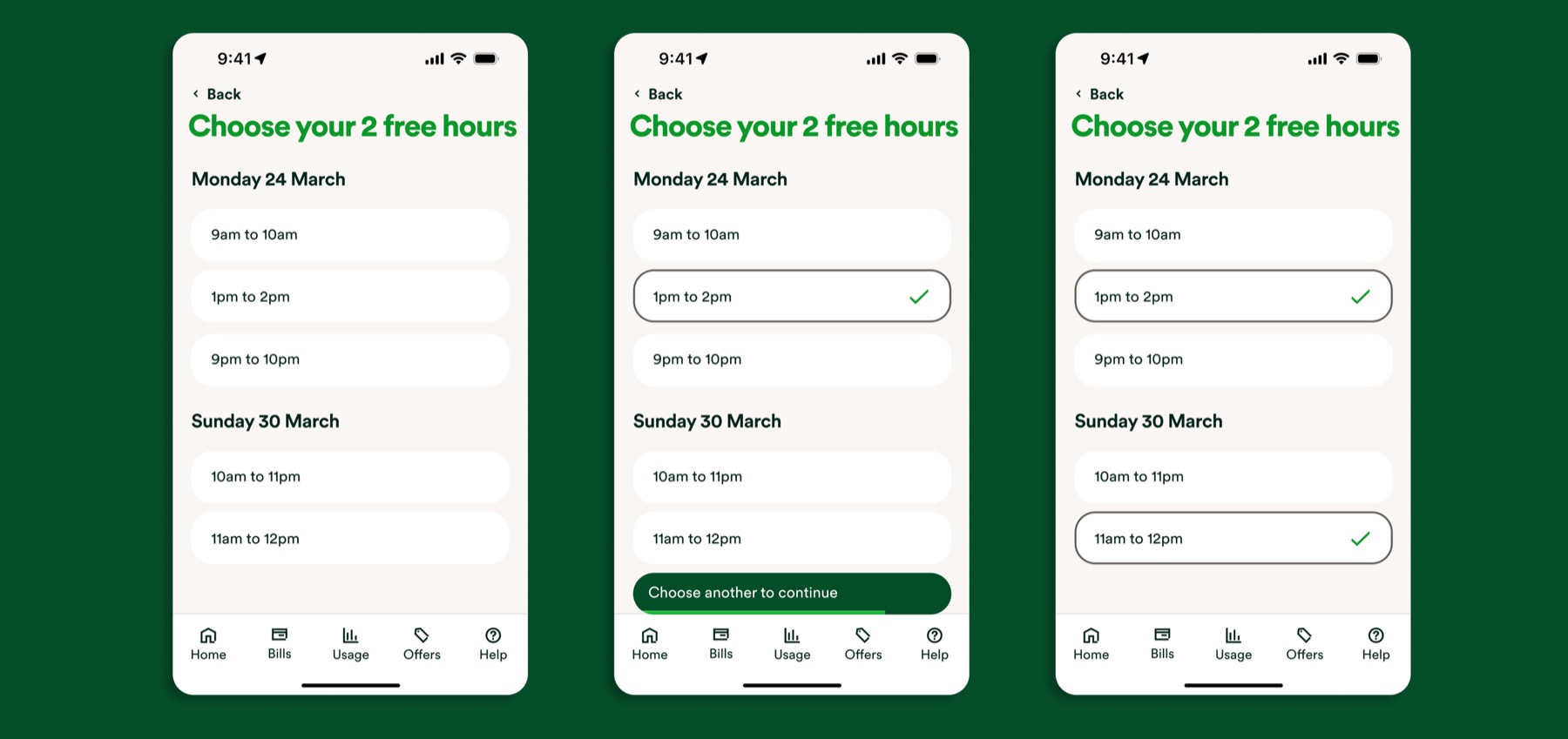 Three screens of the 'Choose your 2 free hours' slot picker, showing day-by-day time selection.