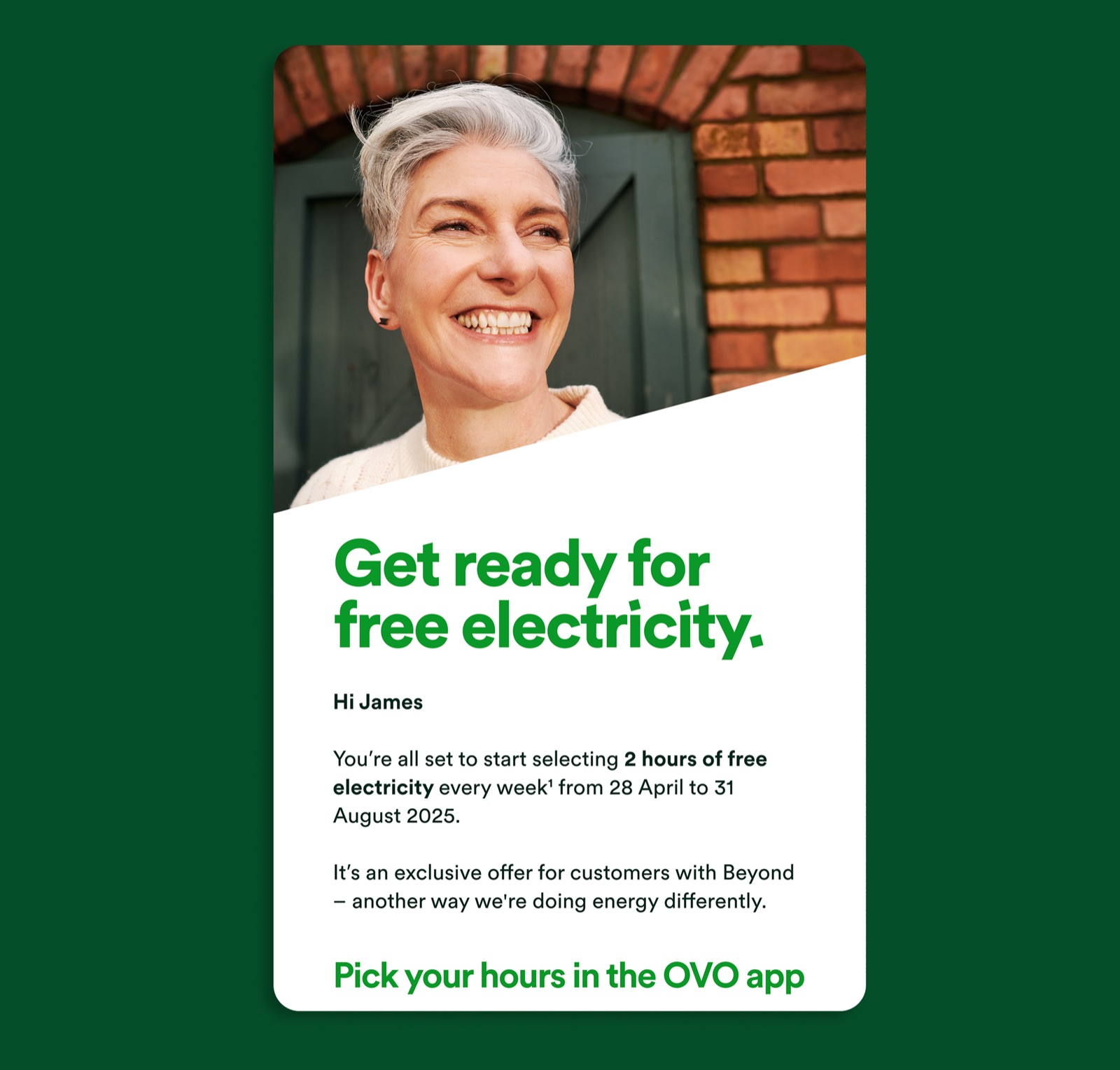 A welcome email headed 'Get ready for free electricity', with a photo of a smiling customer and a link to pick your hours in the OVO app.